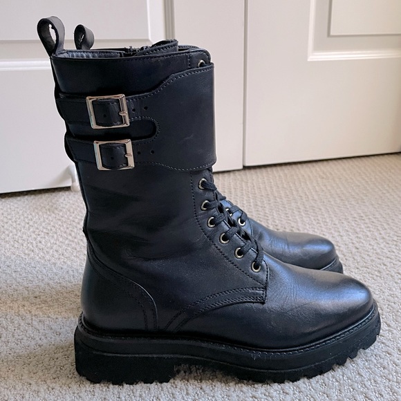 Dune London New Black Mid Calf Combat Boots with gold accents - Picture 1 of 3